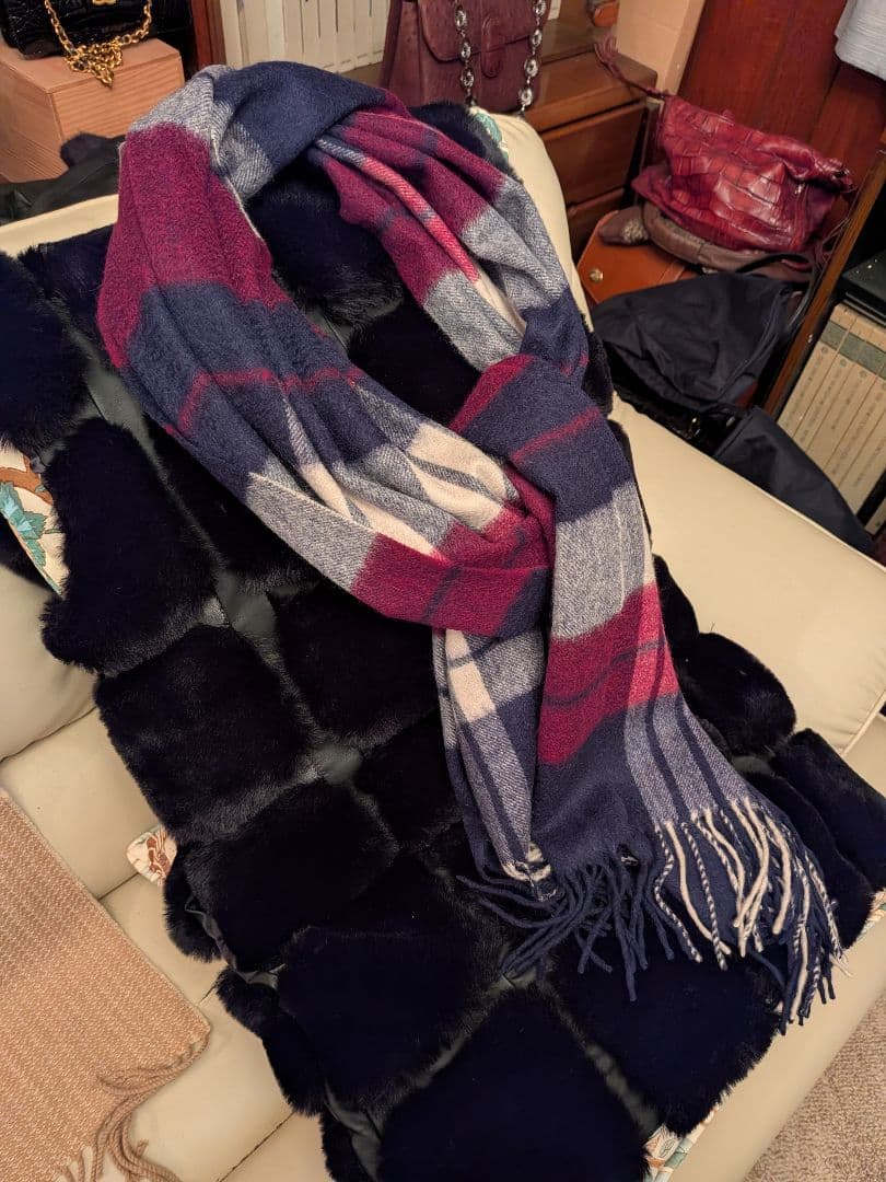 最高級ピュアカシミア大判ストール　170×60　チェック柄　百貨店購入