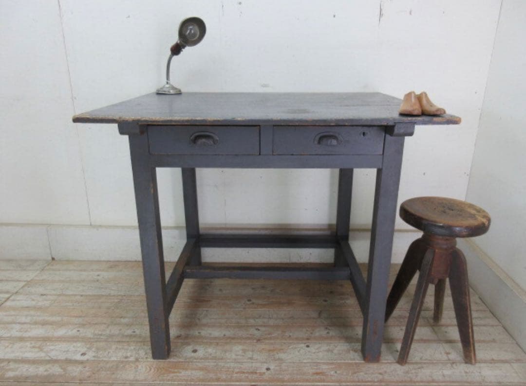 アンティーク 古いペンキの剥げたデスク グレーペイントカフェ什器 古家具