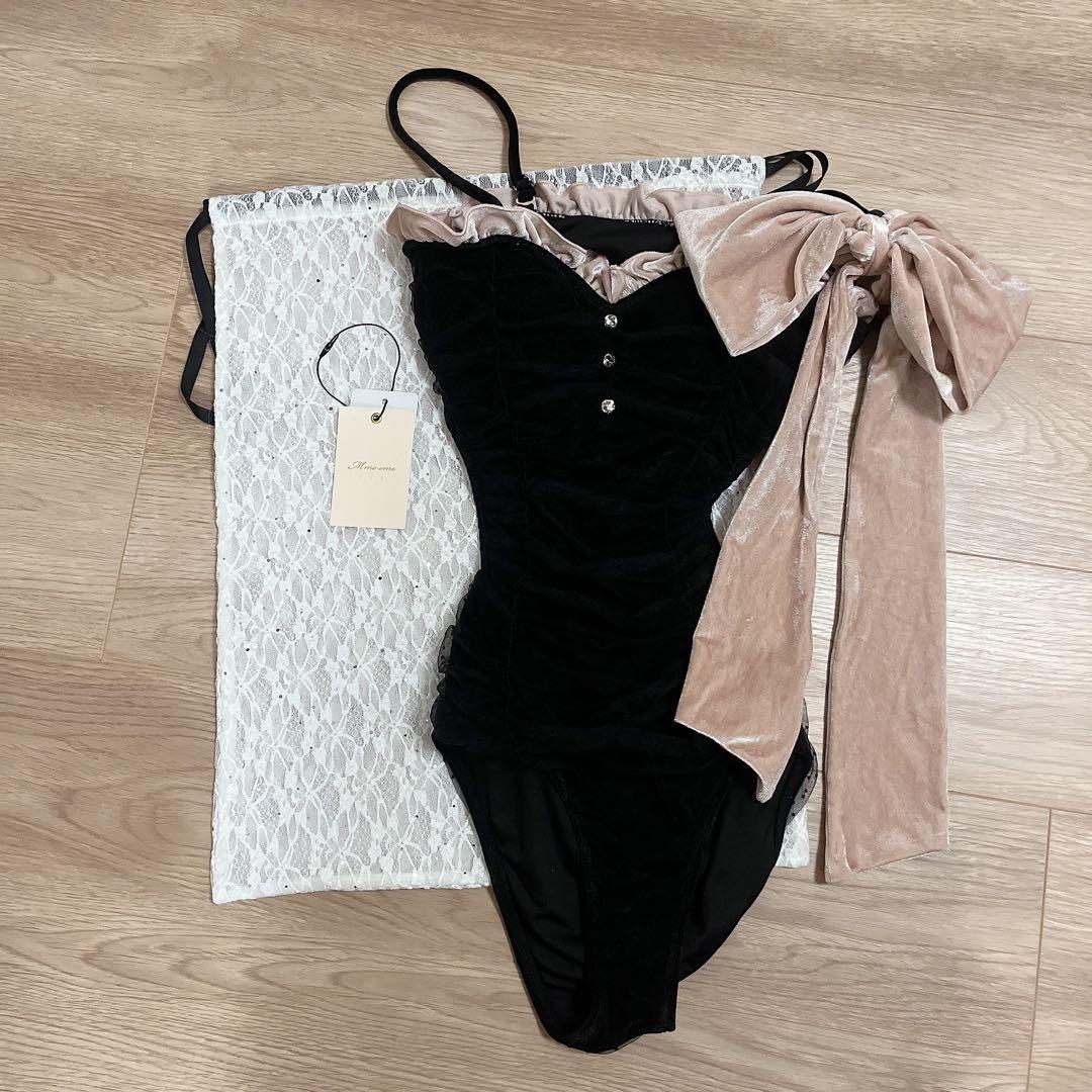 Velour ribbon asymmetrical swimwear 水着