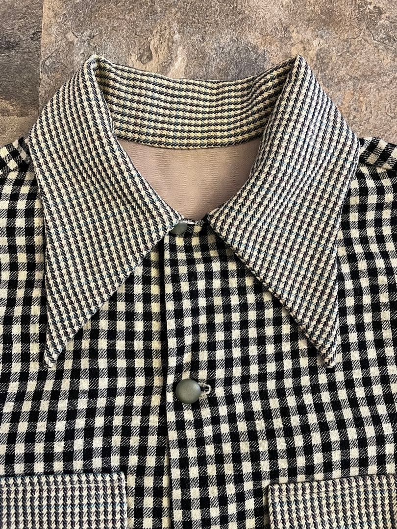 40s Vintage ウールオープンカラー クレイジーチェック ウール シャツ