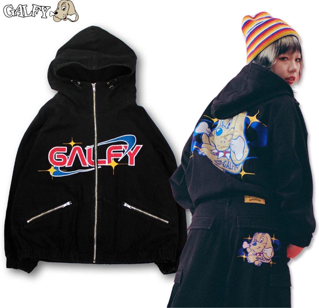GALFY セットアップ　フード付きブラックジャケット&デニムワイドカーゴパンツ