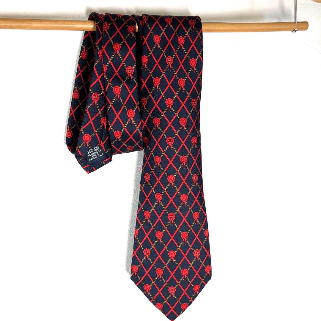 CHANEL シャネル ネクタイ ココマーク ロゴ 金チェーン 赤 黒 リボン