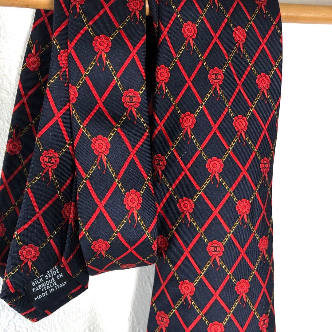 CHANEL シャネル ネクタイ ココマーク ロゴ 金チェーン 赤 黒 リボン