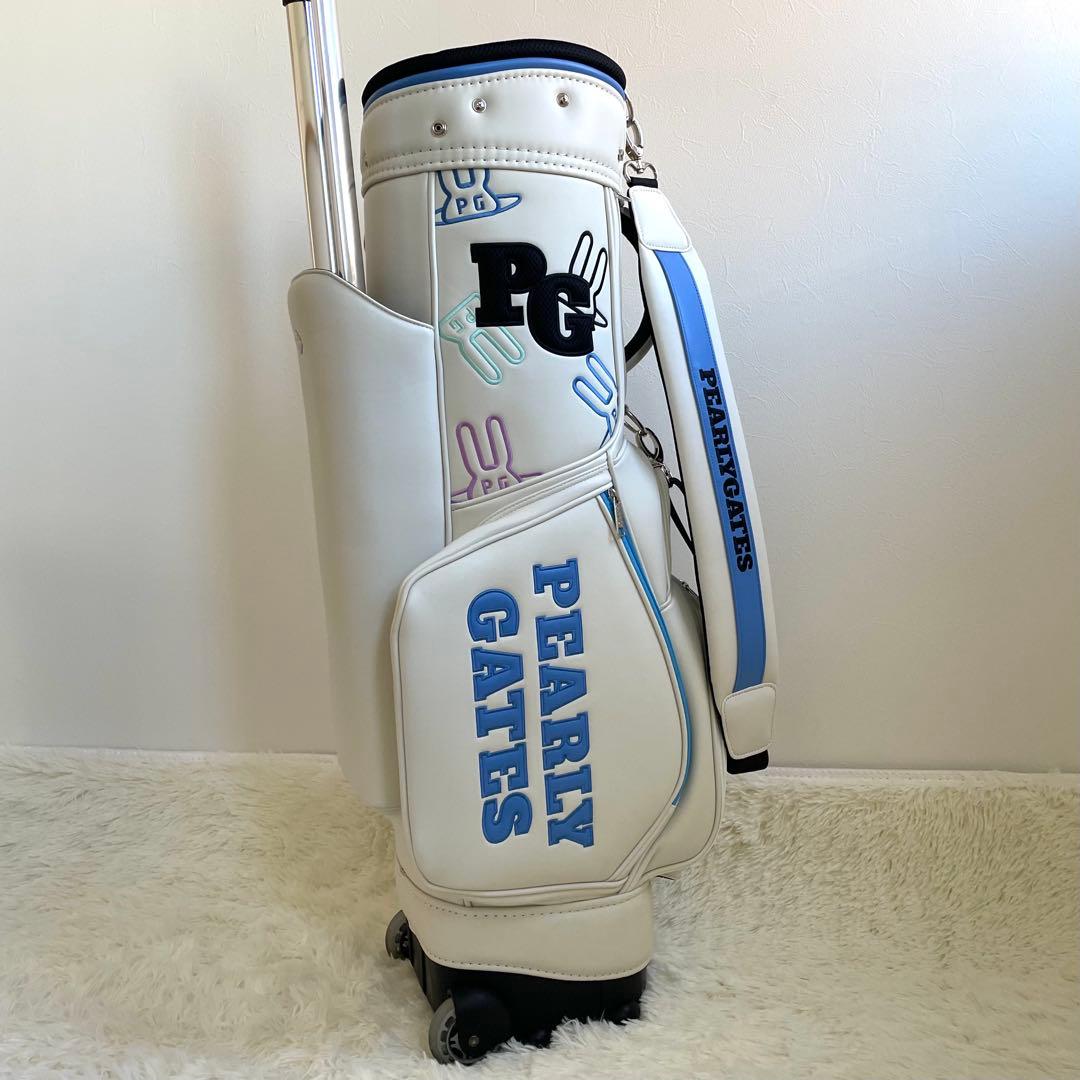 未使用 パーリーゲイツ キャスター付 キャディーバッグ 9型 専用ポーチ 白×青