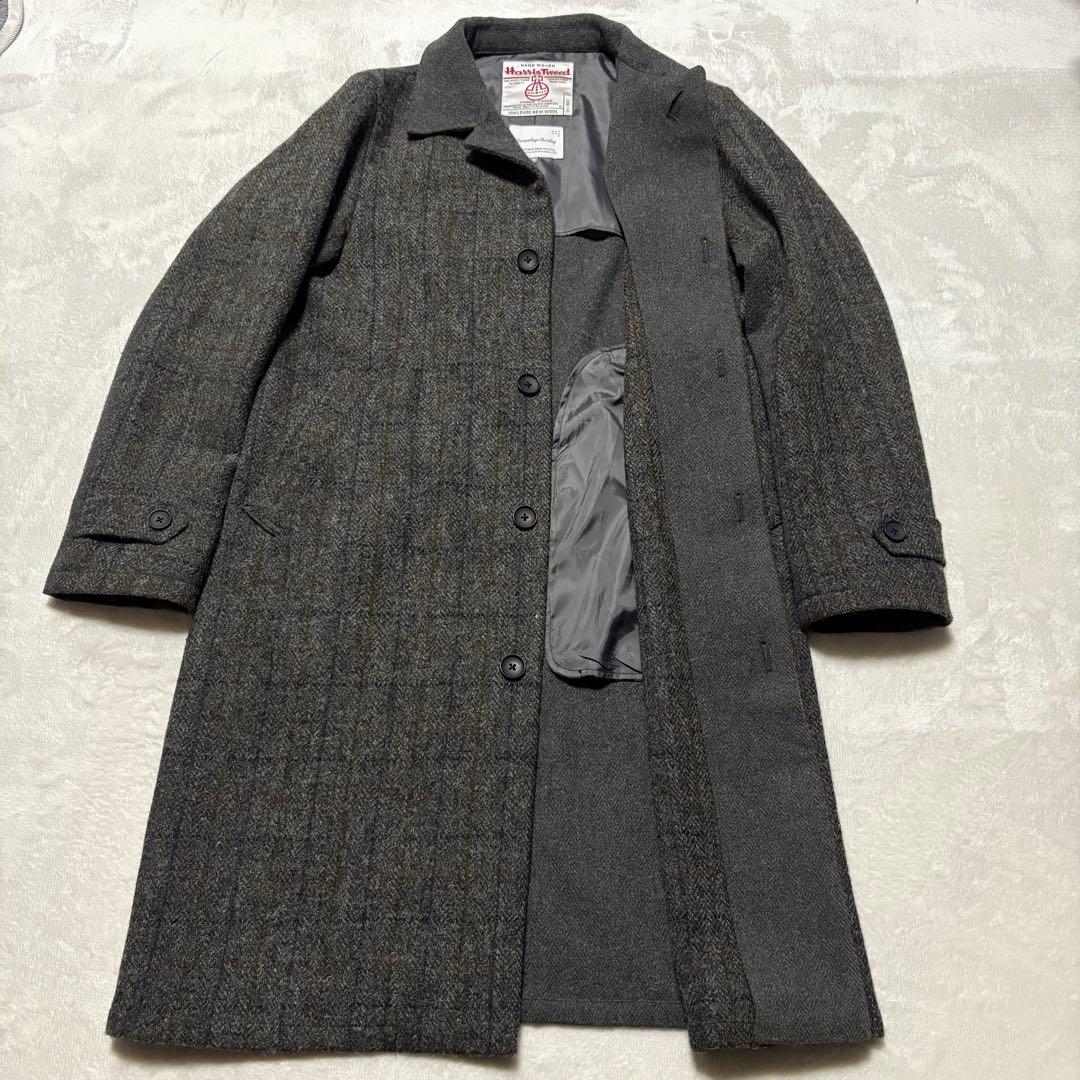 美品 ハリスツイード メンズ ステンカラー コート　M チェック ウール100%