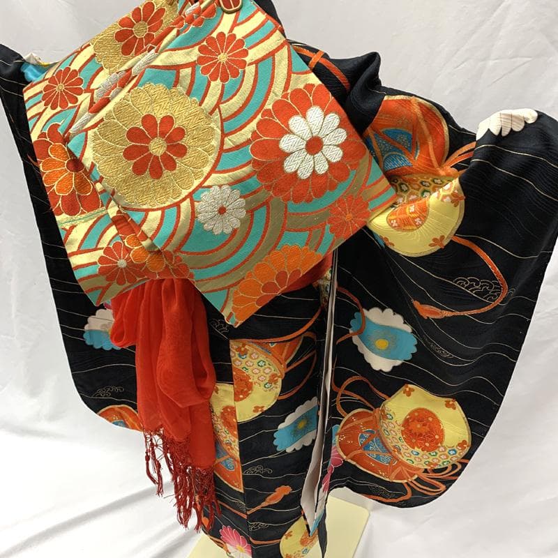 502ag6,楽々衿□七五三 小柄な七歳 セミアンティーク 女児 着物&丸帯