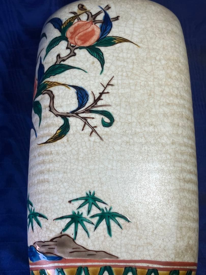 九谷焼　色絵花瓶　角福　花鳥図角型花瓶　銀修理品　レア　骨董品