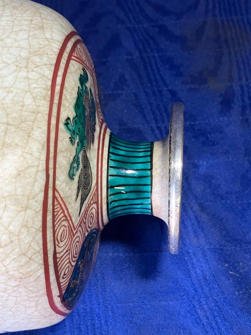 九谷焼　色絵花瓶　角福　花鳥図角型花瓶　銀修理品　レア　骨董品