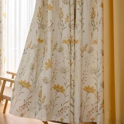 【新品】花柄水彩パステルイエローカーテン　2枚セット　200✕200CM