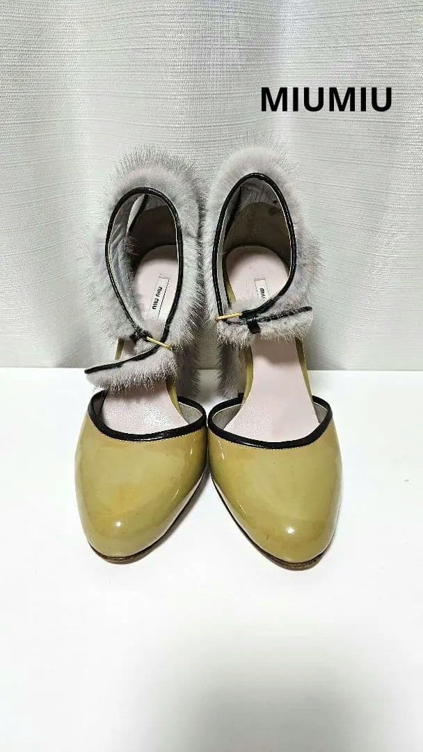 miumiu エナメル ファー付きアンクルストラップパンプス 36