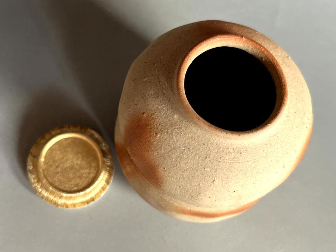 茶入れ■備前焼き 岸本昭彦 茶入布袋銅締め雲龍花文ドンス 共箱 時代物 骨董品■