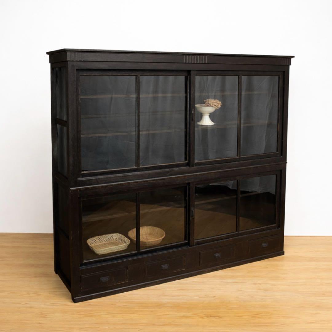 大型　水屋箪笥　ガラス棚　M079　古道具　古家具　ビンテージ　アンティーク
