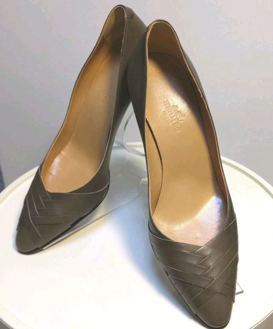 エルメス　HERMES パンプス　レザー　オリーブグリーン　ポインテッドトゥ