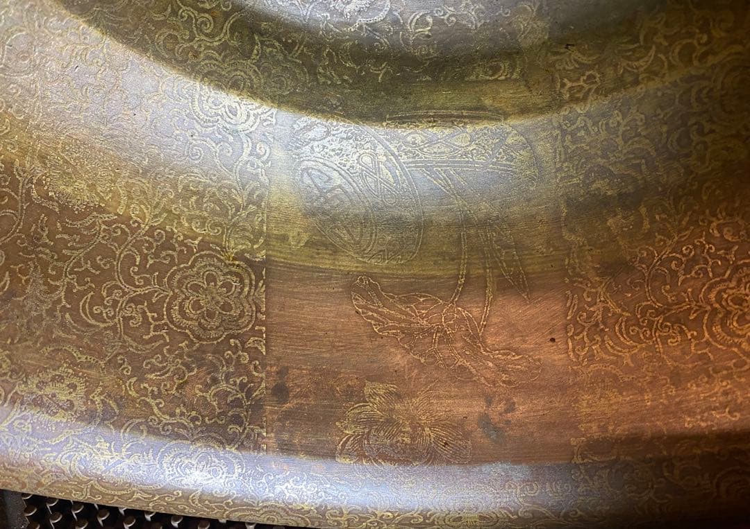 中国　清代　黄青銅　装飾洗面器　鑑賞スタンド付 ・ヴィンテージ レア