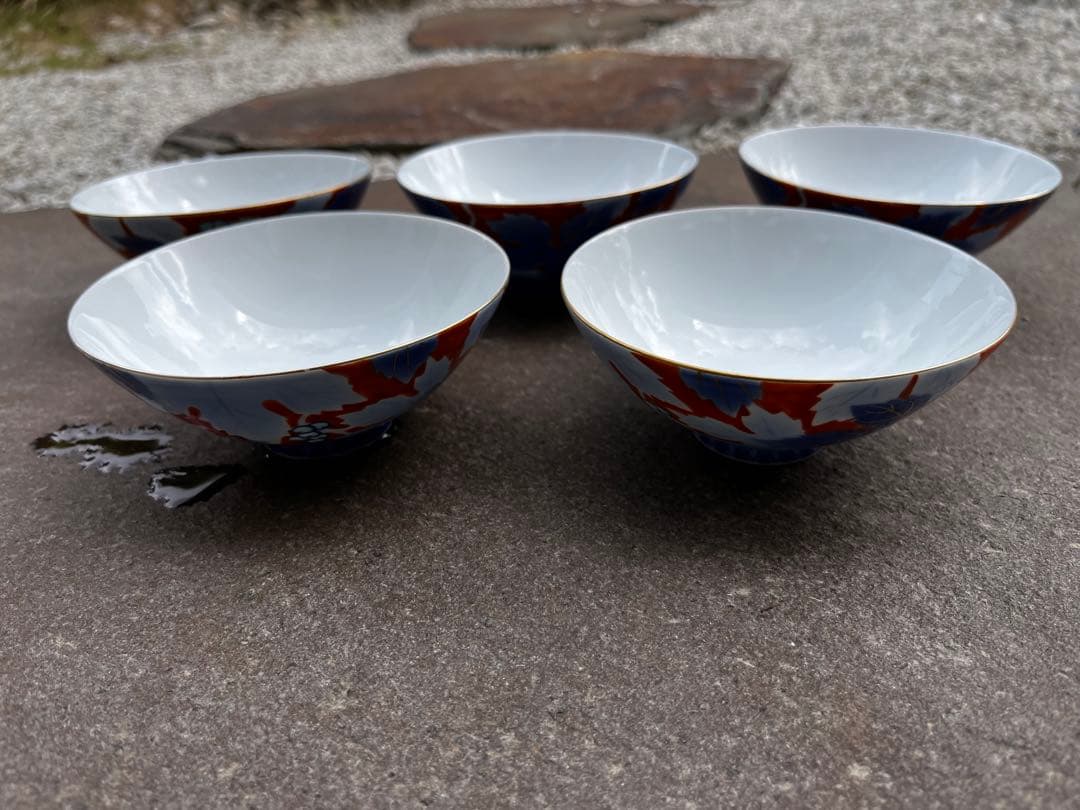 有田焼　宮内庁御用達　深川製磁　お茶碗　5膳　金縁　金彩　染錦葡萄　アンティーク