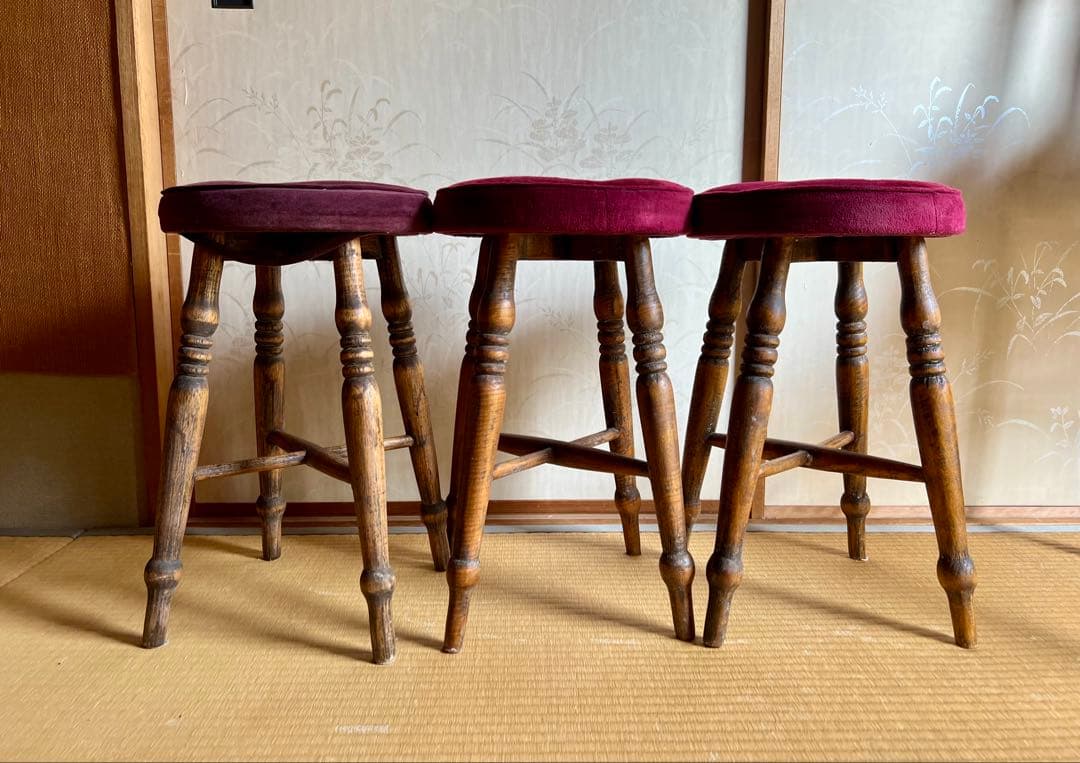 old maison アンティークチェア　スツール　丸椅子　木製＋布貼り　3脚