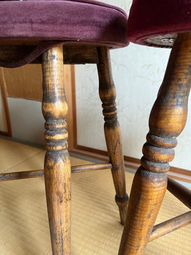 old maison アンティークチェア　スツール　丸椅子　木製＋布貼り　3脚