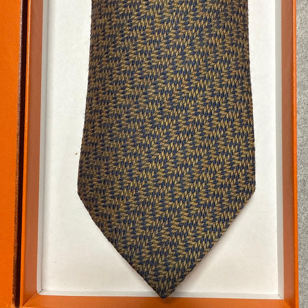 美品　エルメス　ネクタイ　茶色・紺　シルクウール　ジャガード