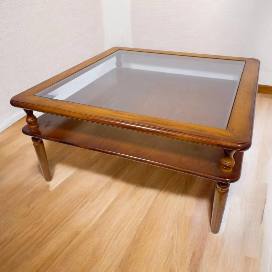 コロニアルデザイン 木製ガラステーブル コーヒーテーブル 昭和レトロ