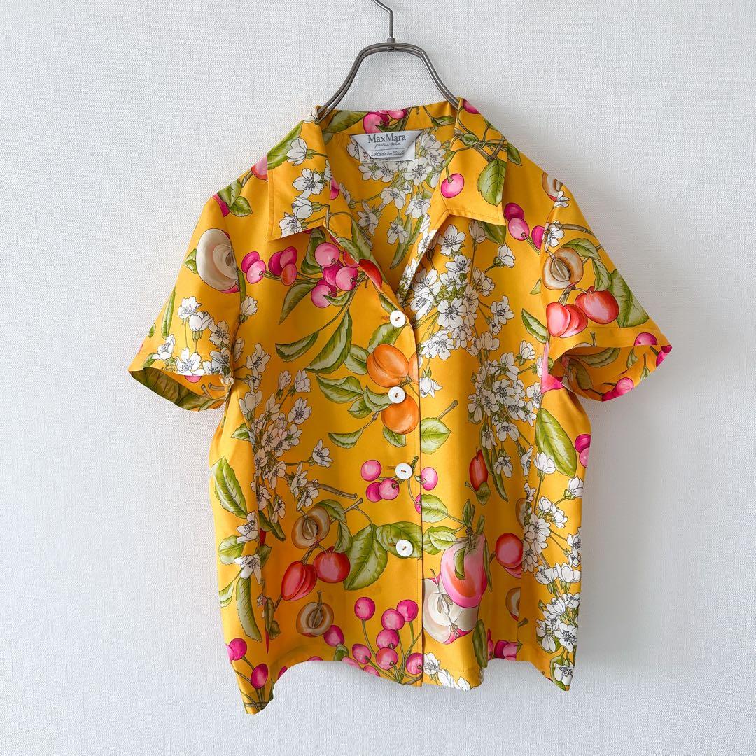 【シルク100%】MaxMara /フルーツ柄オープンカラーシャツ 総柄 白タグ