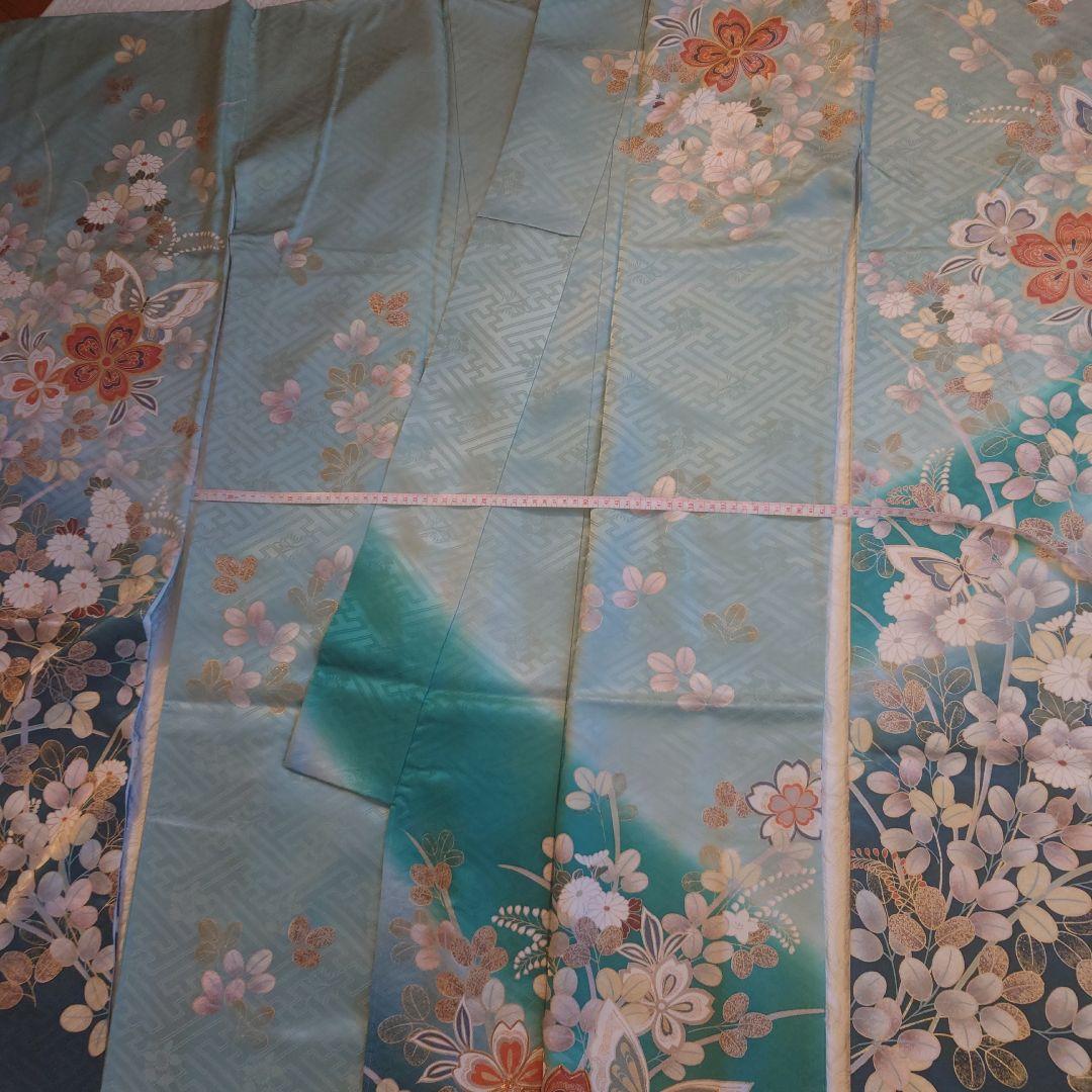 青緑色 花柄 振袖 絹製
