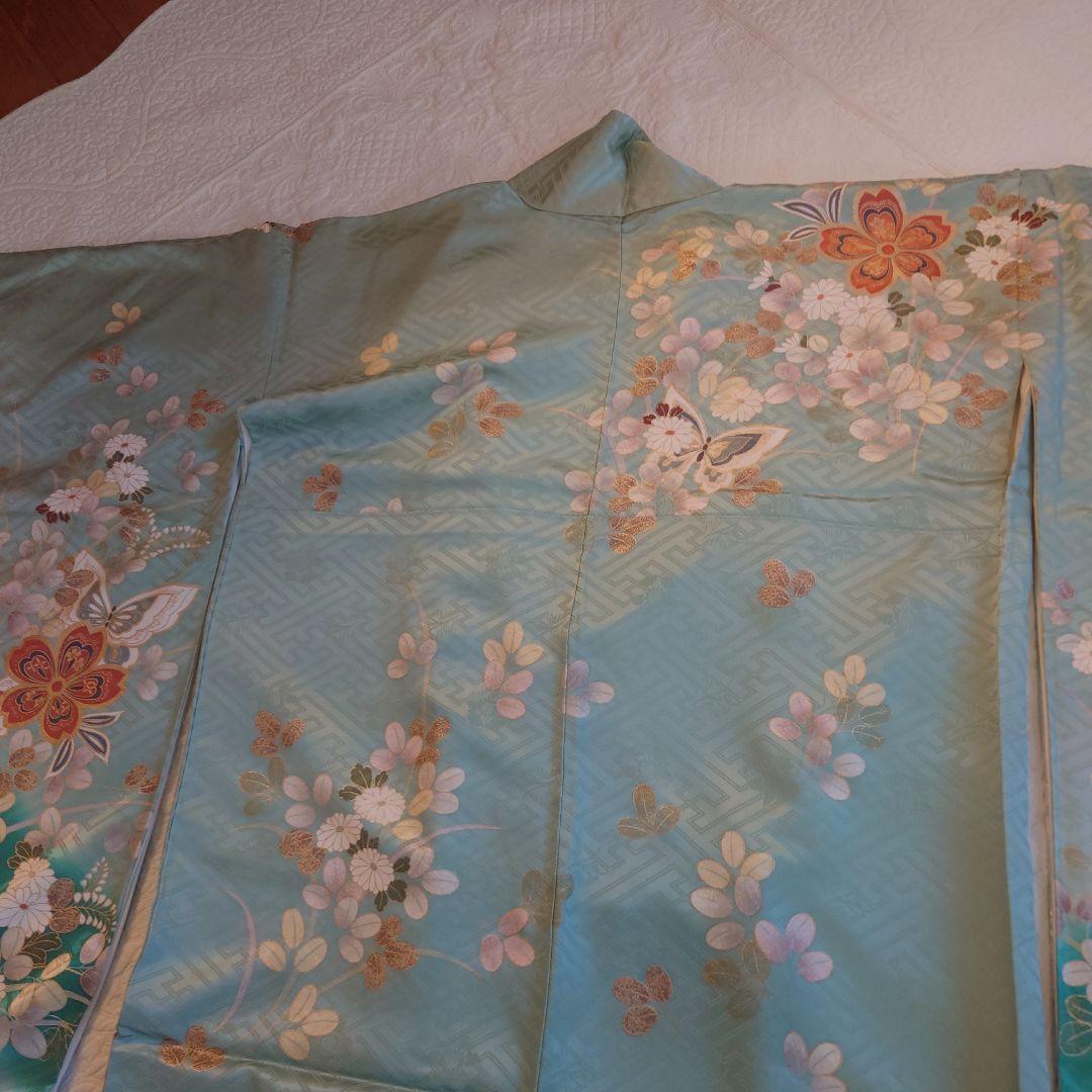 青緑色 花柄 振袖 絹製