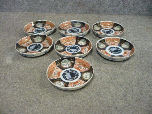 伊万里焼色絵丸文に鶴図4寸手塩皿 7枚 [B31602]