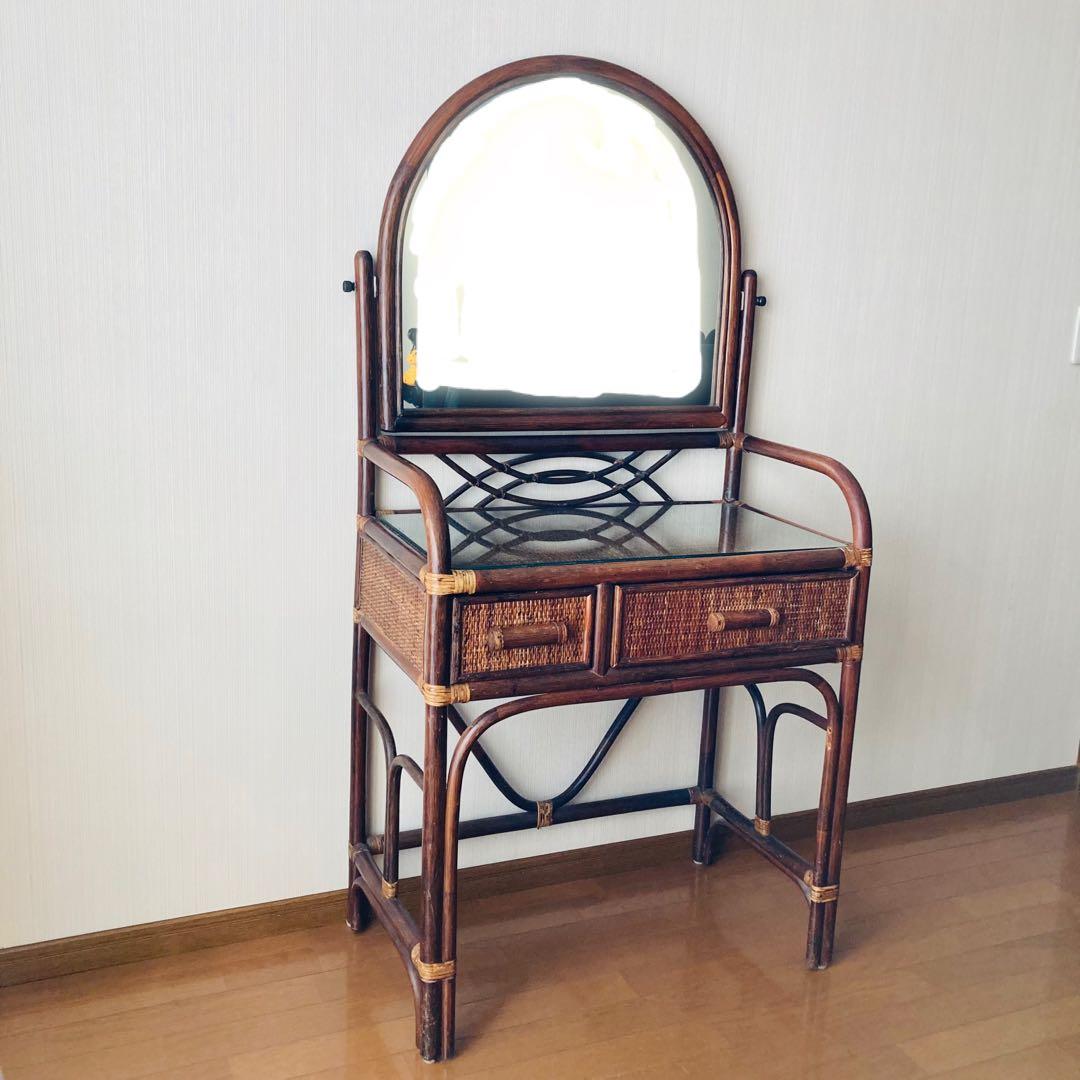 ヴィンテージ レトロ ラタン ミラー付きドレッサー アーチ型ドレッサー・鏡台
