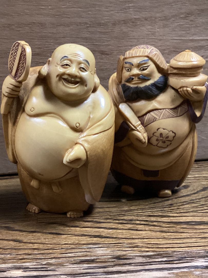 極上和彫刻　弁財天　布袋　毘沙門天白材彫刻三体　古美術品　コレクション