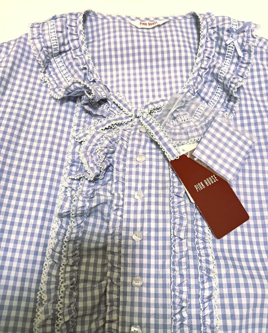 【タグ付き未使用】ピンクハウス パープル ギンガムチェック 半袖ブラウス