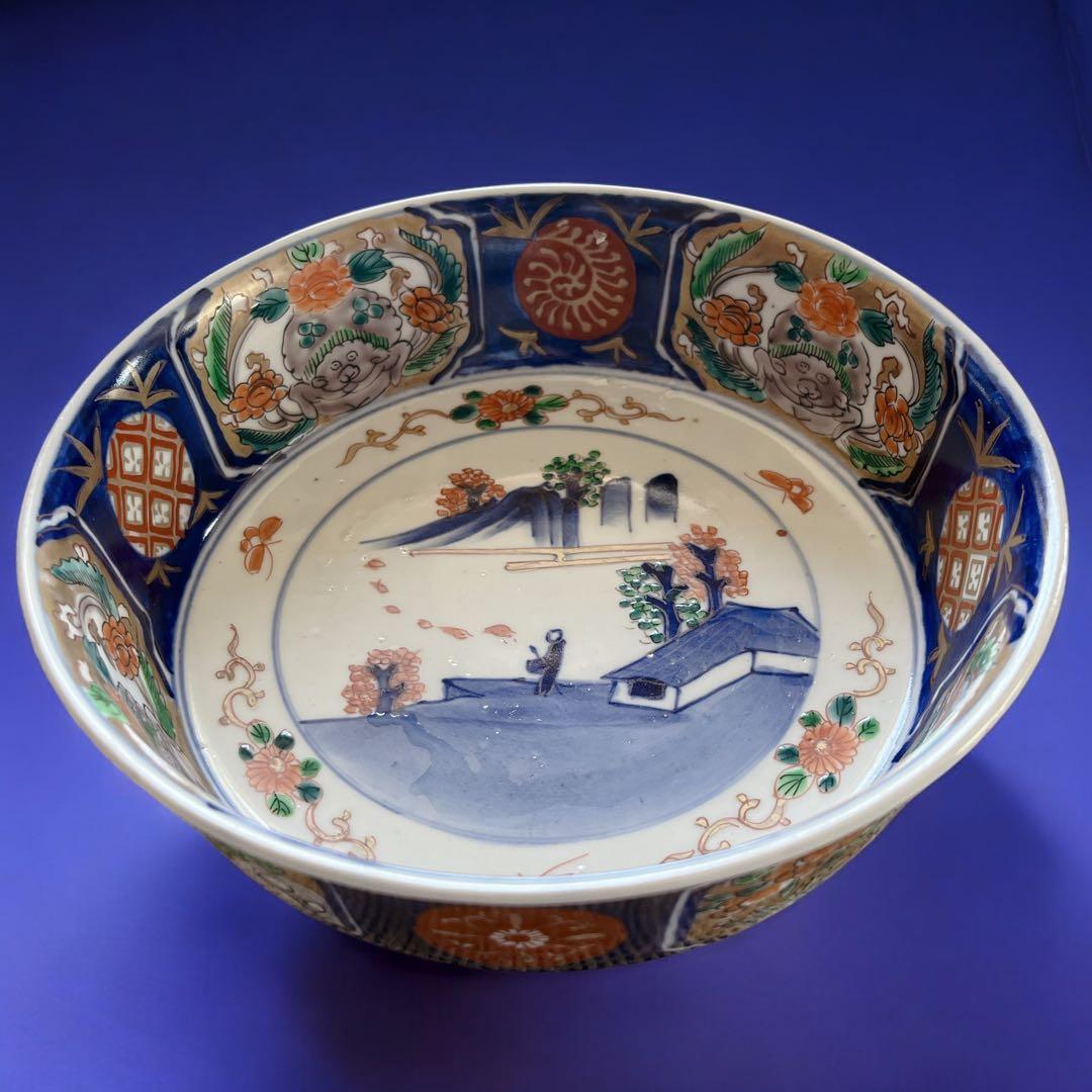 骨董品 古伊万里 二重高台鉢 アンティーク 花蝶 山水人物図 明治時代 伊万里