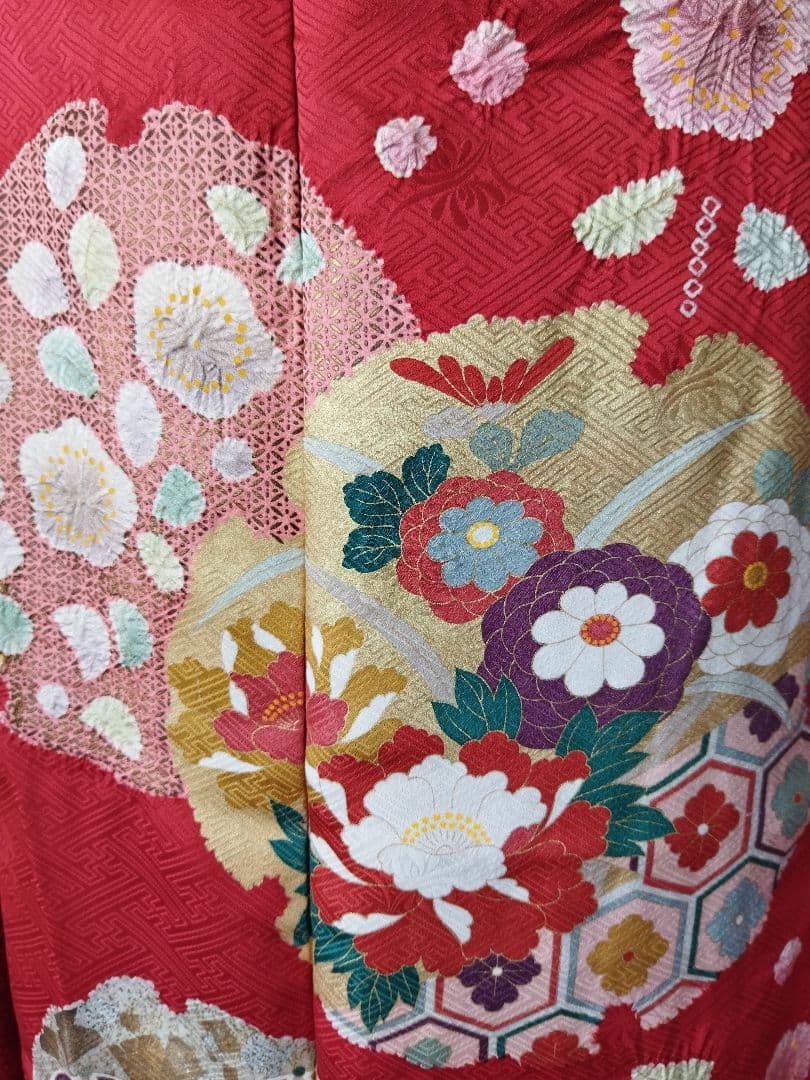 436.高級！！手仕事の花絞りと雪輪　振袖5点セット　正絹　フルセット　成人式