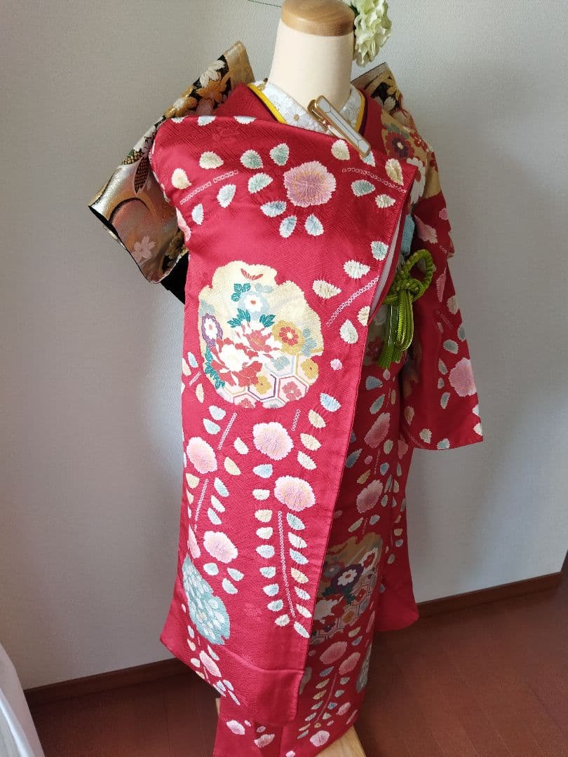 436.高級！！手仕事の花絞りと雪輪　振袖5点セット　正絹　フルセット　成人式