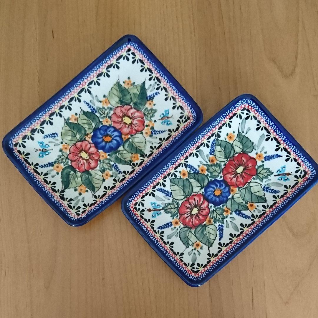 [バラ売り可] ポーリッシュポタリー 長方形のお皿 小 (赤花) ２個セット