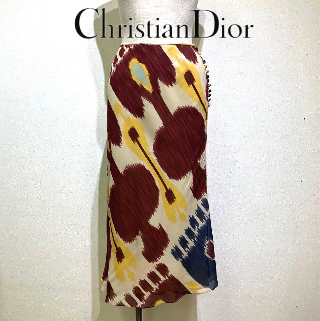 Christian Dior フランス製　シルク100 フレアスカート ミモレ丈