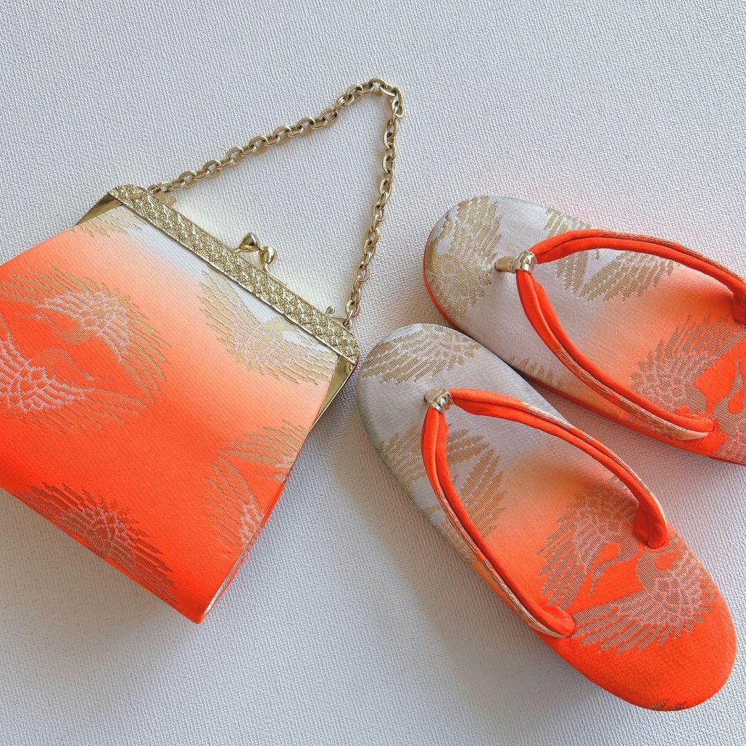 セット　七五三　7歳女の子　長着＆袋帯＆袖なし長襦袢＆小物　オレンジ地　菊金糸