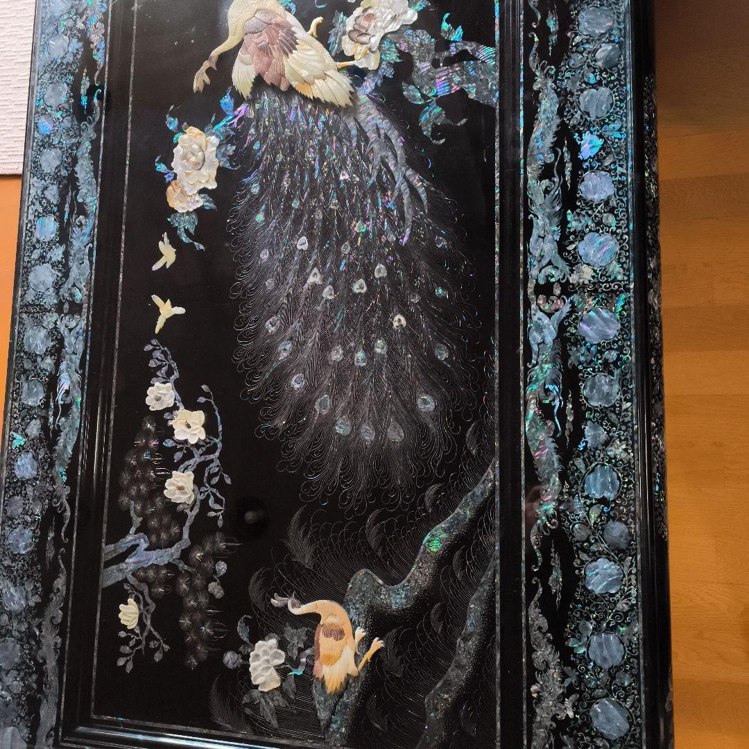 鄭鐘基作 最高級螺鈿座敷机 孔雀（くじゃく）紋 座卓（引取り限定）