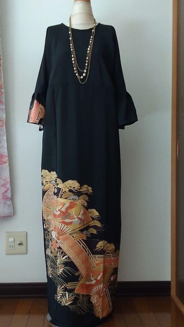 着物リメイクワンピース 留袖ドレス 橋と扇子