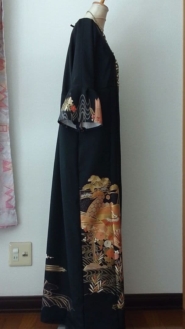 着物リメイクワンピース 留袖ドレス 橋と扇子