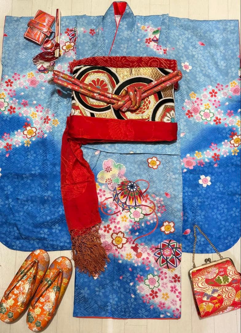 七五三　7歳　正絹　着物　フルセット　水色　桜　毱