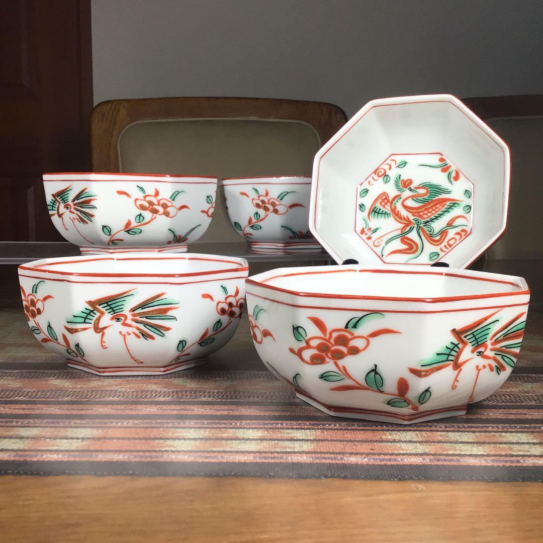 たち吉　『赤呉須花鳥』　赤絵金彩　小鉢　5枚　縁起物
