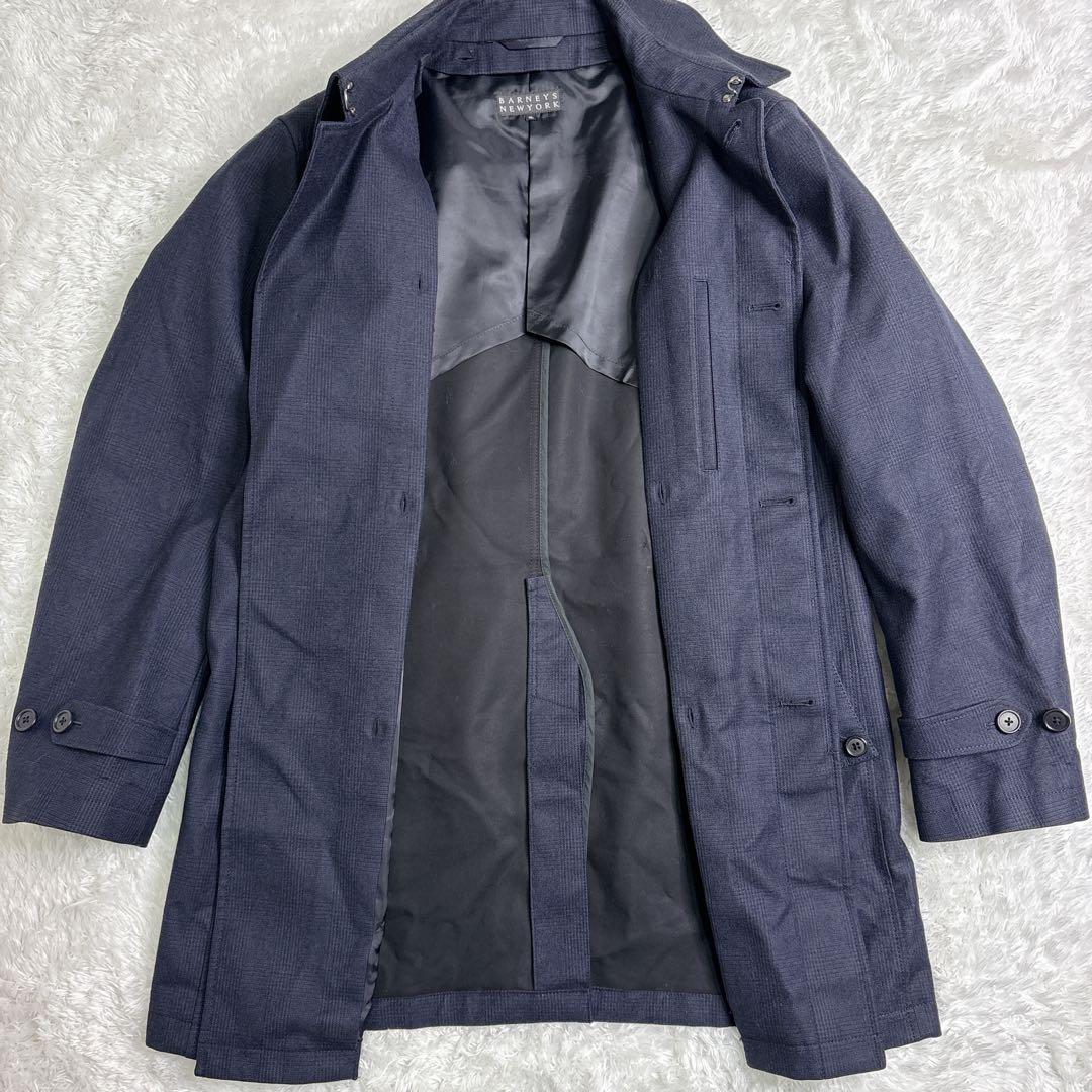 バーニーズニューヨーク ウール ステンカラーコート ネイビー/チェック XL
