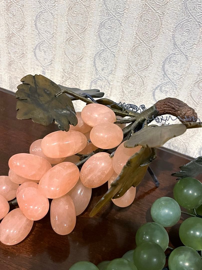 中国美術 翡翠 ローズクォーツ 紅水晶 葡萄 置物 ぶどう ブドウ