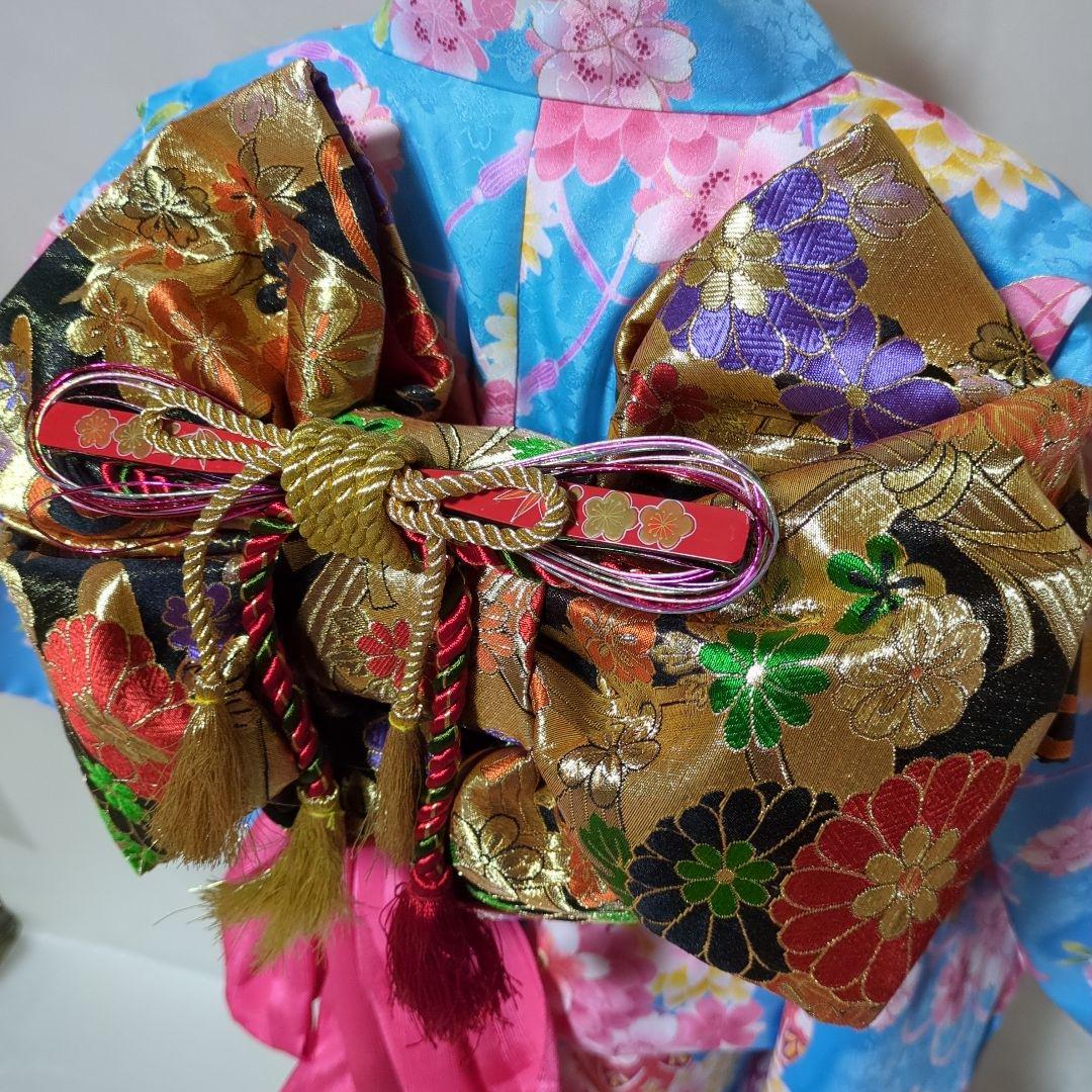 七五三　７歳　人気水色着物　おしゃれコーディネート一式　簪セット付き