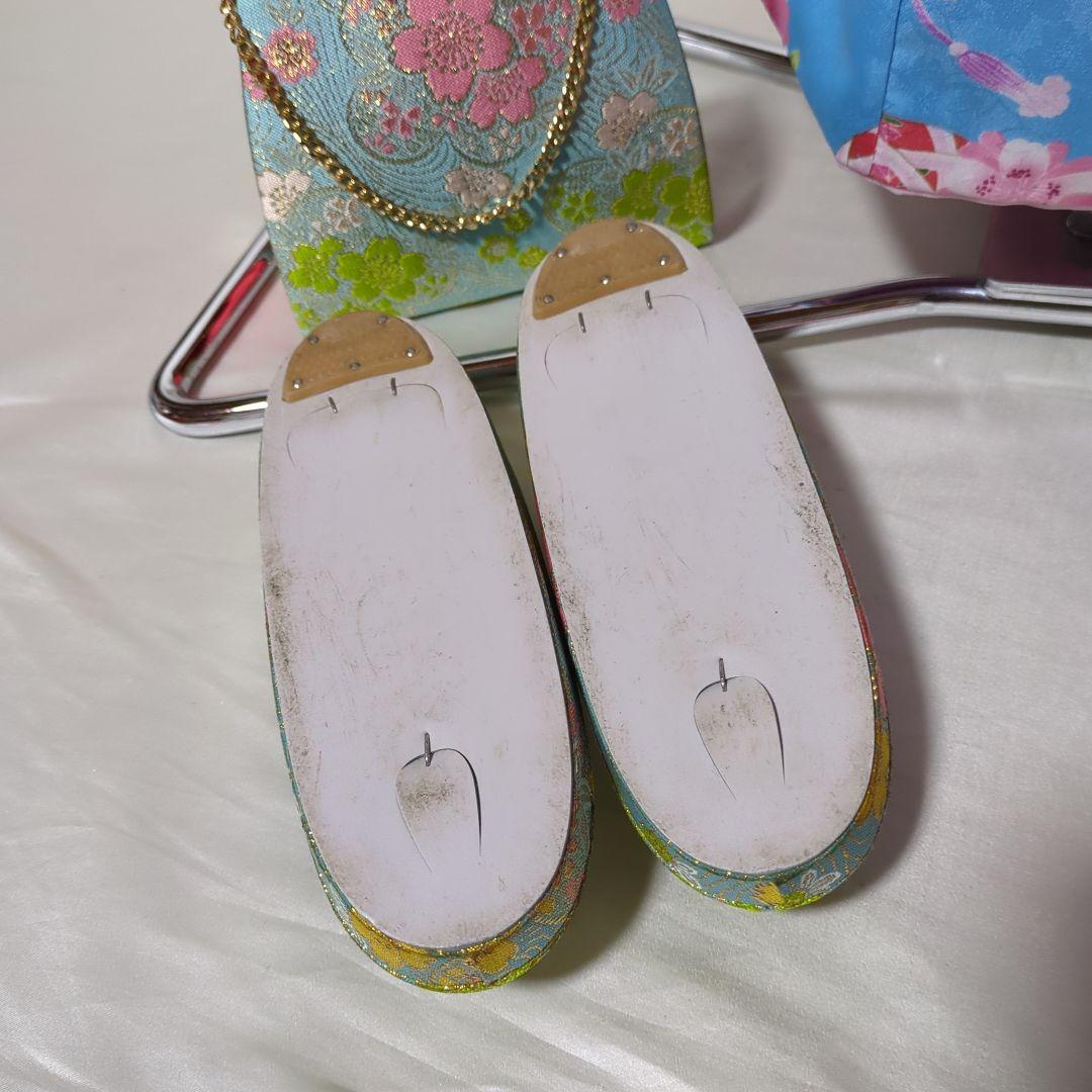 七五三　７歳　人気水色着物　おしゃれコーディネート一式　簪セット付き