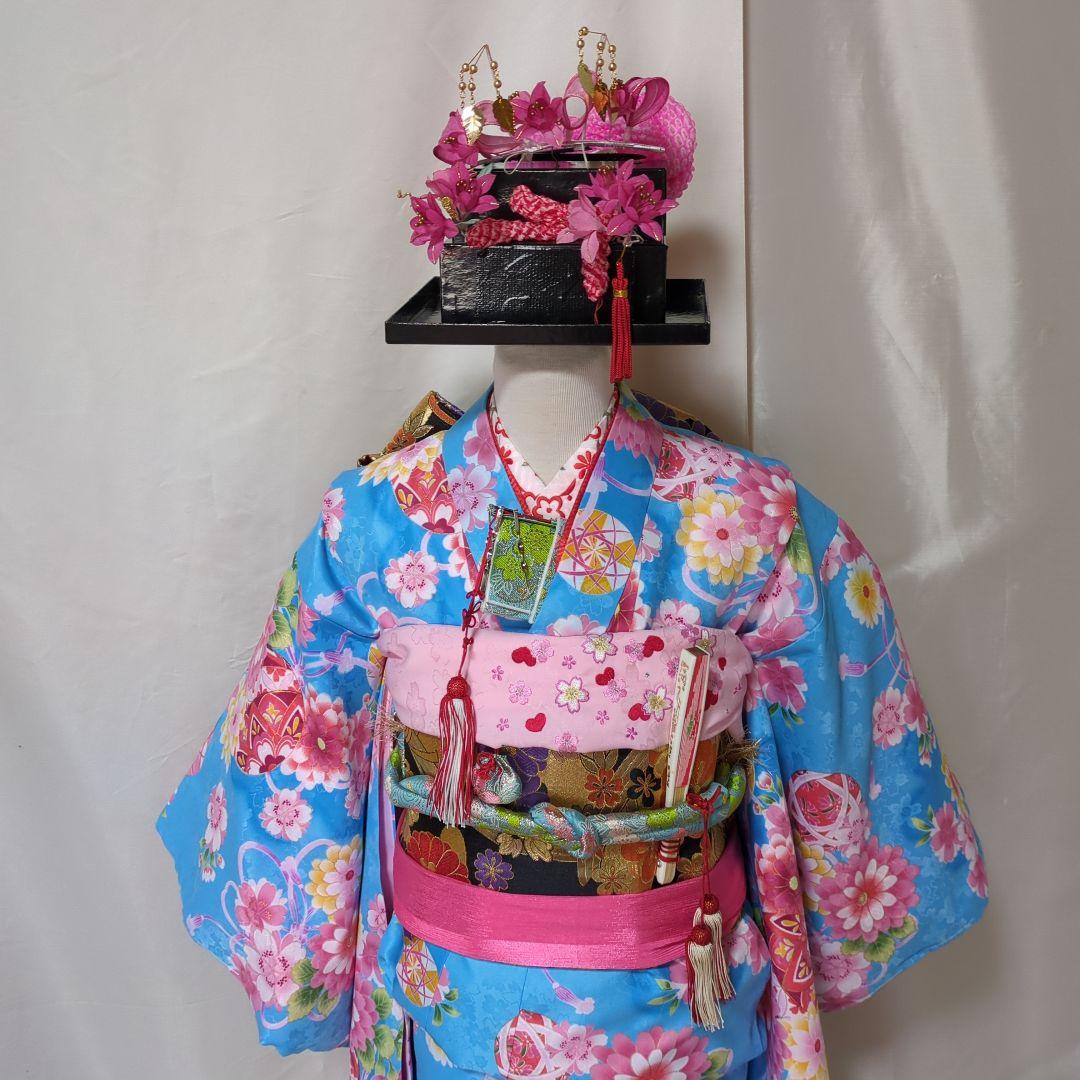 七五三　７歳　人気水色着物　おしゃれコーディネート一式　簪セット付き