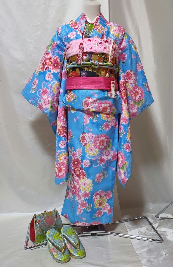 七五三　７歳　人気水色着物　おしゃれコーディネート一式　簪セット付き