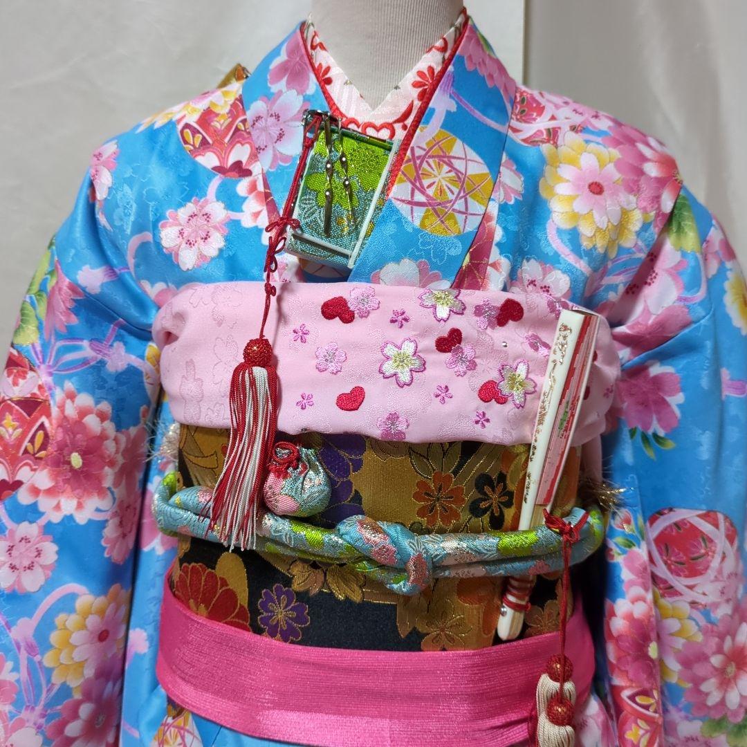 七五三　７歳　人気水色着物　おしゃれコーディネート一式　簪セット付き