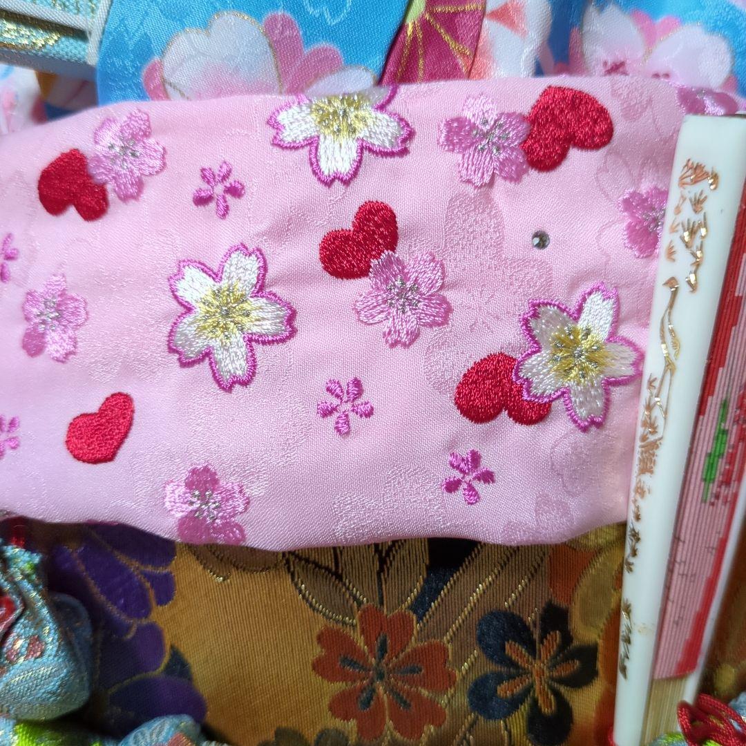 七五三　７歳　人気水色着物　おしゃれコーディネート一式　簪セット付き