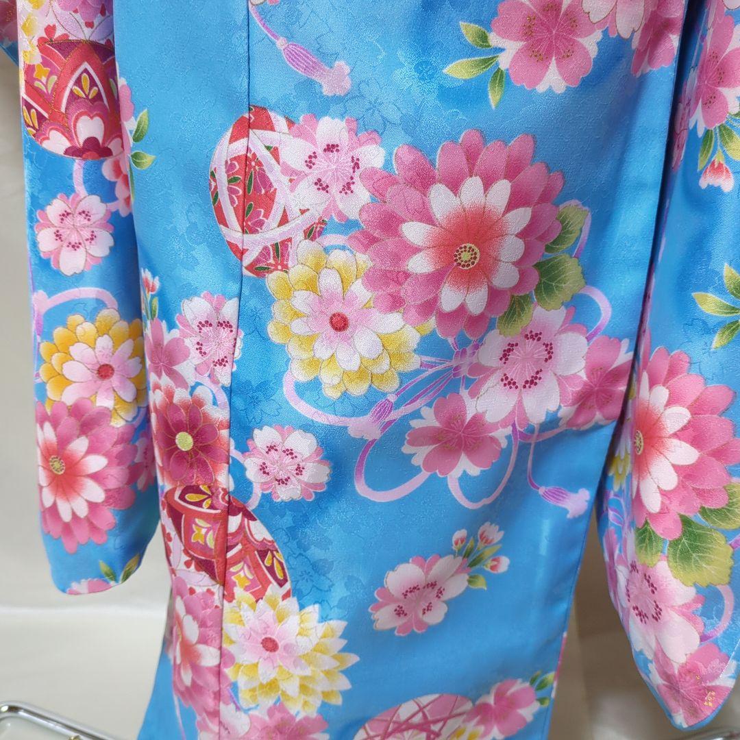 七五三　７歳　人気水色着物　おしゃれコーディネート一式　簪セット付き